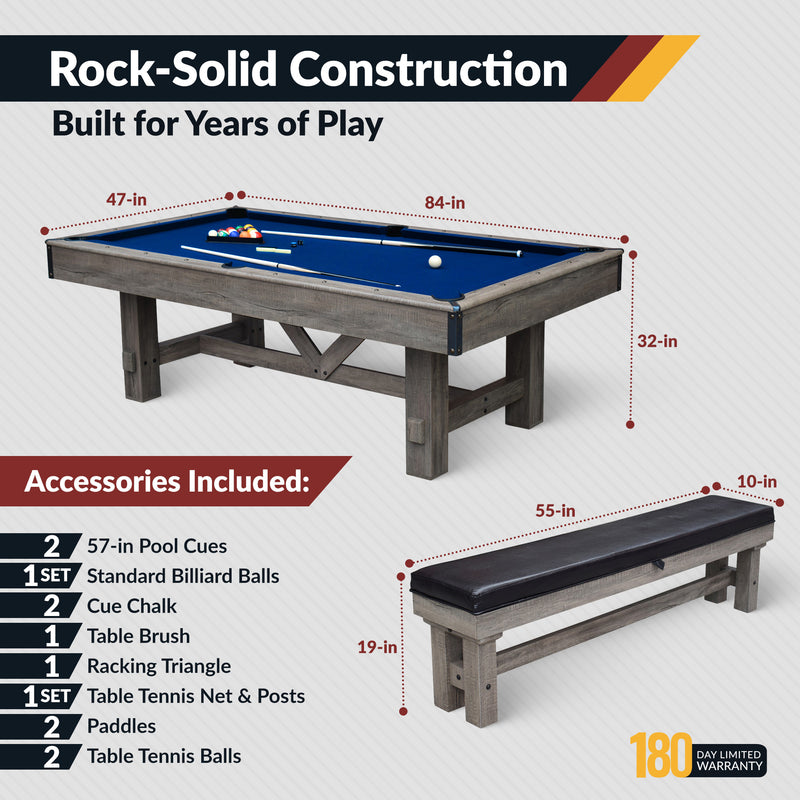 Hathaway Logan 7-ft Pool Table Combo Set with Benches - Rustic Gray with Blue Felt — image 4