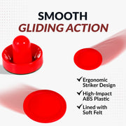 Pair of red 2.5-inch ABS air hockey pucks side by side